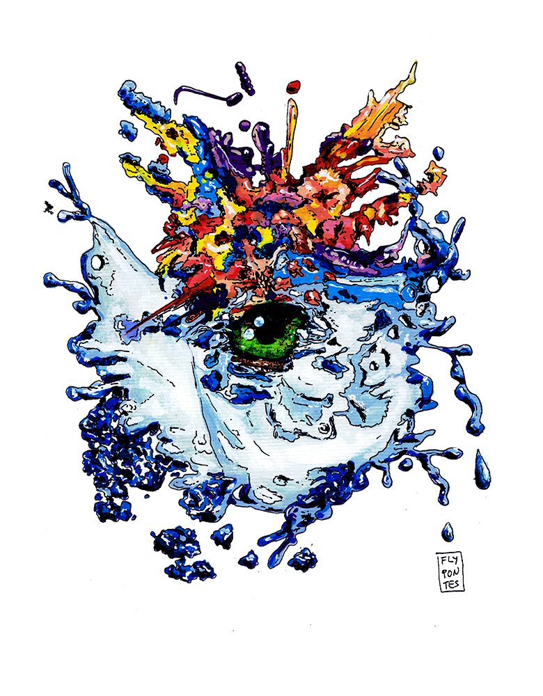 Estudo com Marcadores One4all sobre Papel Canson (A4), focado num olho de tons verdes que emerge de um vibrante campo abstracto. A composição divide-se em azuis (evocando água) na base, e cores quentes e roxos no topo. Peça original disponível para aquisição imediata.