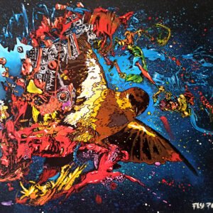 Obra em Técnica Mista (40x50cm) que une Stencil e Marcadores Molotow. Apresenta um pássaro em tons terra, fundido com ilustrações que evocam engenhos mecânicos e engrenagens. Fundo nocturno abstracto com esfumados vibrantes. Peça original disponível para aquisição na Loja.