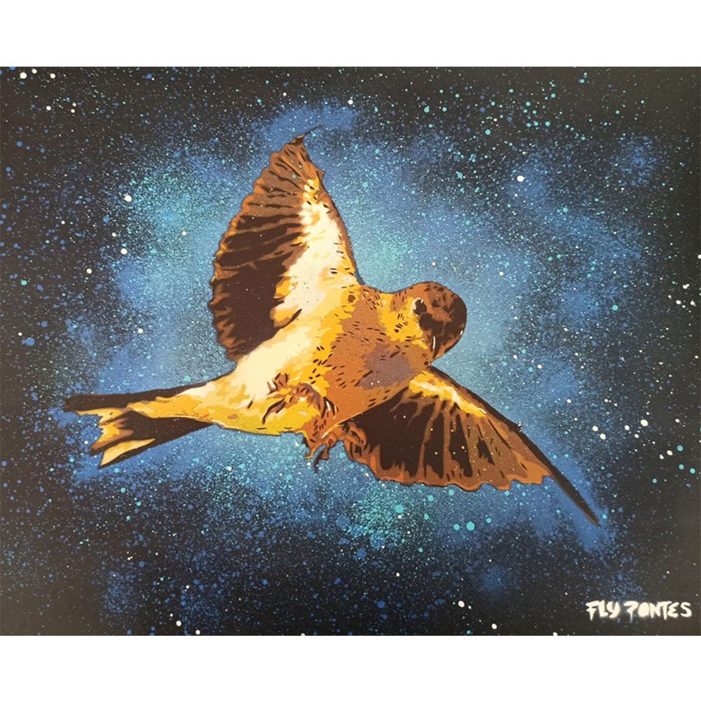 Obra original 'Pássaro' de Fly Pontes. Pintura em técnica mista sobre cartolina (40x50cm) que explora a simplicidade do stencil e a energia do spray. Peça única disponível.
