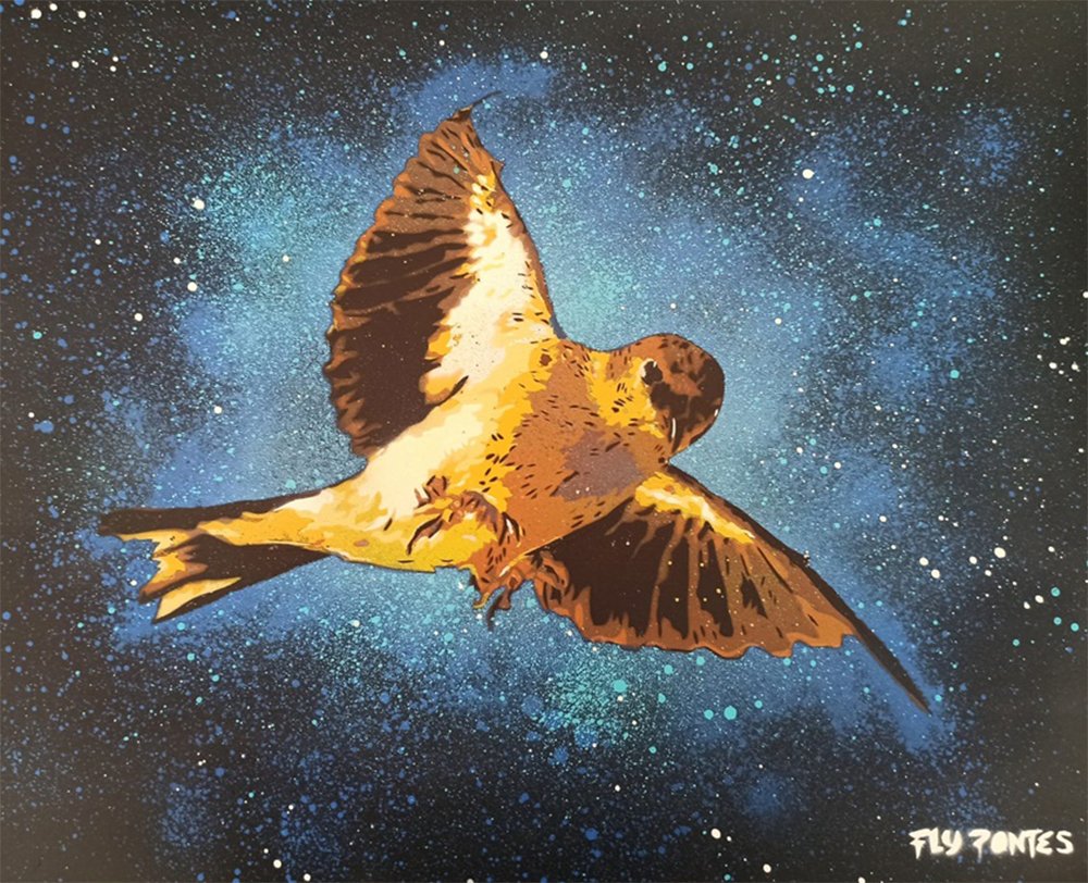 Obra original (40x50cm) executada integralmente em Stencil e Spray sobre cartolina. Apresenta a silhueta de um pássaro em tons terra, destacada por um fundo abstracto e nocturno de esfumados azul e violeta. Peça disponível para aquisição imediata na Loja.