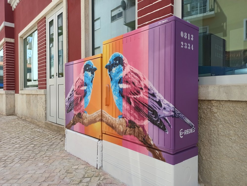 Vista lateral oposta do armário de electricidade com a "Pintura dos Pardais". É visível o prolongamento da cauda do segundo pardal, garantindo a continuidade do design por todas as faces da estrutura funcional em Messines.