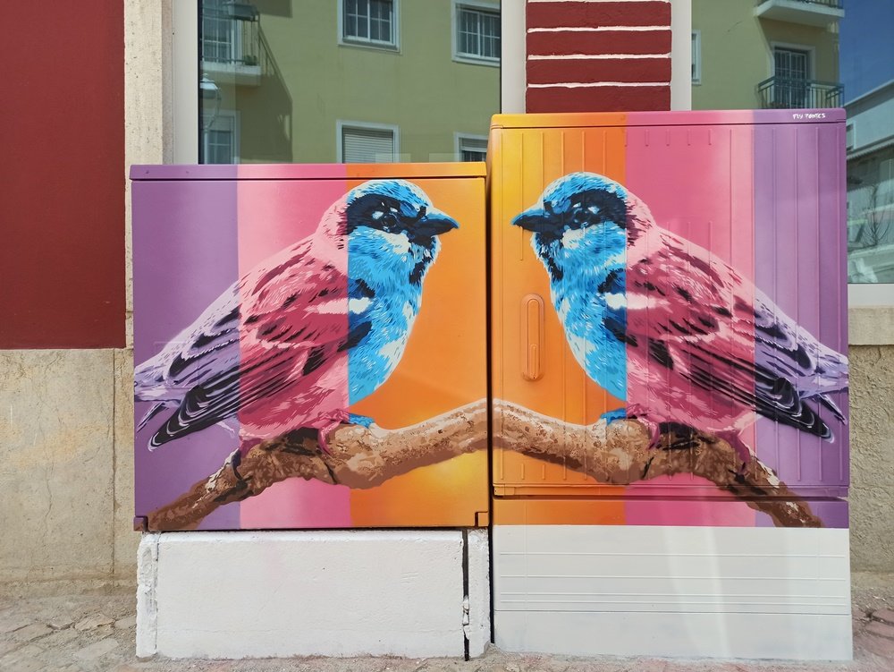 Armário de electricidade com a "Pintura dos Pardais" no contexto urbano de S. B. Messines, junto ao Mercado Municipal. Revitalização de estrutura funcional com arte urbana e Stencil.