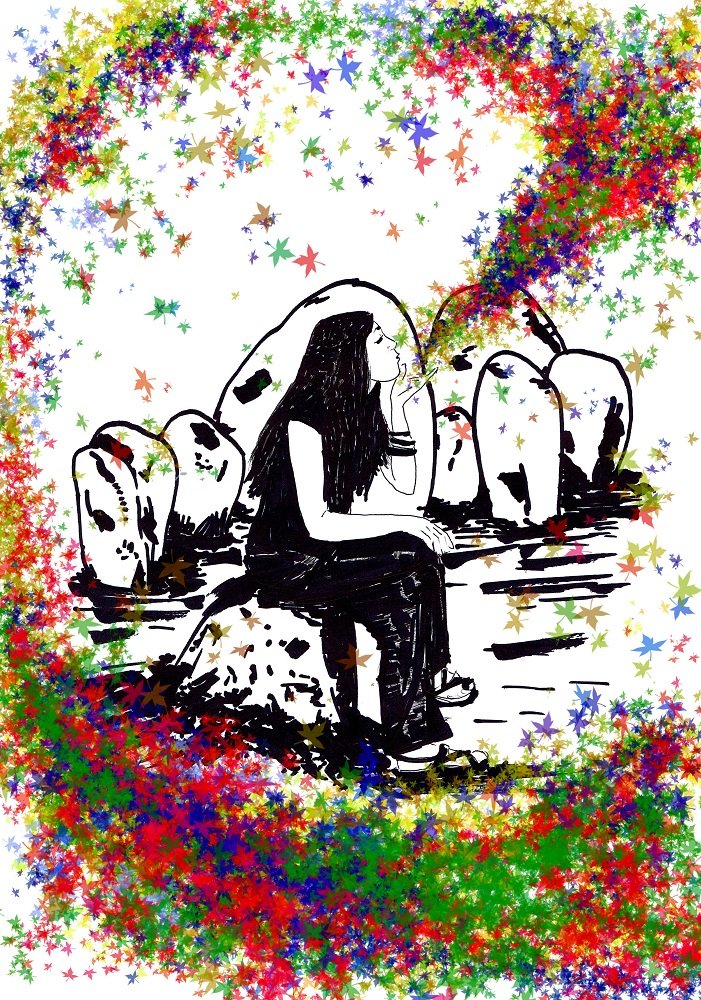 Desenho "Respira" (A4). Mulher em Rotring sentada em pedra dos Cromeleques dos Almendres, soprando uma espiral de folhas coloridas. Técnica mista. (Colecção particular).