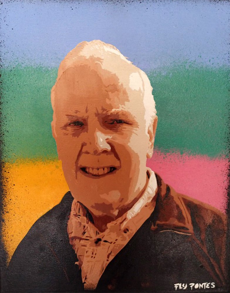 Retrato masculino em Stencil e Spray sobre Tela 40x50cm. Tons castanhos, fundo tripartido: violeta, verde, amarelo (el dorado) e rosa.