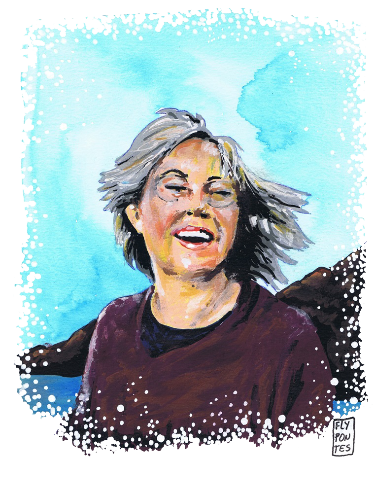 Retrato de Mulher (A4). Meio corpo, movimento do cabelo, cores da pele e fundo aguarelado. Marcadores One4all. (Trabalho Encomendado).