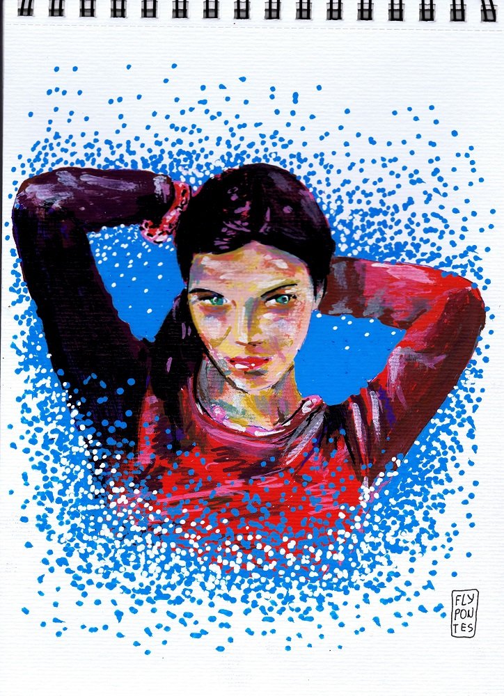 Retrato Mulher (A4). Figura de meio corpo, olhos verdes, pose dinâmica. Cores rosa, vermelho, violeta e fundo azul pontilhado. Marcadores One4all. (Colecção privada).