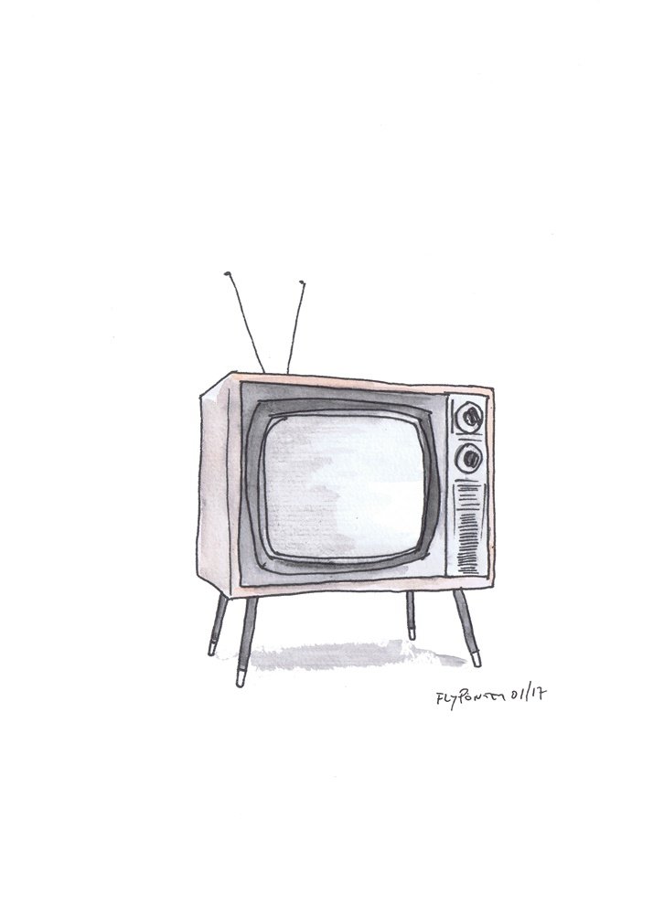 Ilustração A5 do poema 'Tudo o que é Televisão'. Desenho de televisão antiga dos anos 60 (Rotring e Aguarela tons cinza). (Trabalho Encomendado).