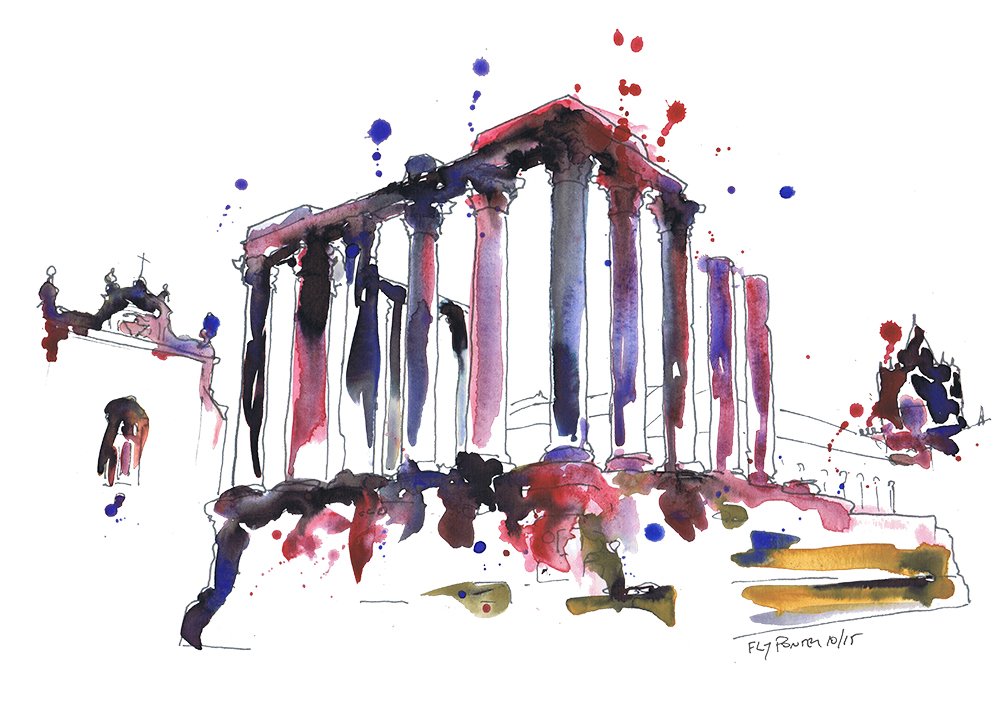 Urban Sketch Templo Romano (A4). Desenho a Rotring, aguadas violeta, roxo e rosa, com salpicos de cor. (Colecção privada).