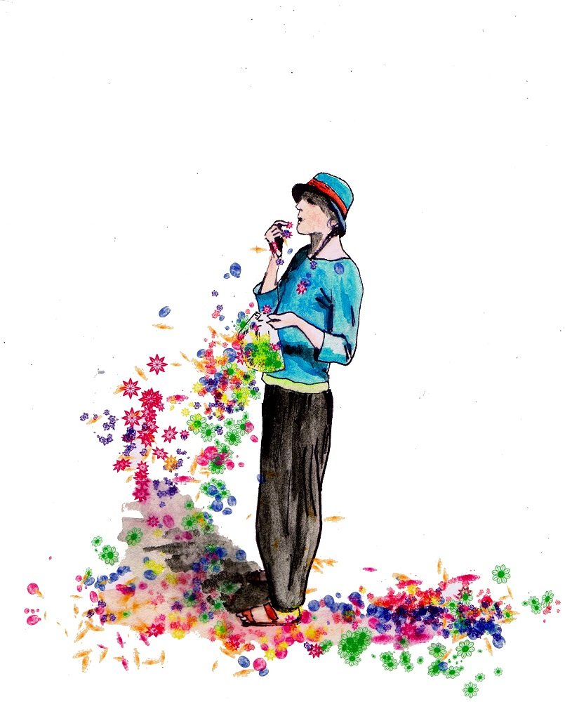 Desenho "Uvas e Flores" (A4). Mulher de chapéu azul a comer uvas, de cujo saco caem flores e folhas coloridas. Técnica mista. (Colecção particular).