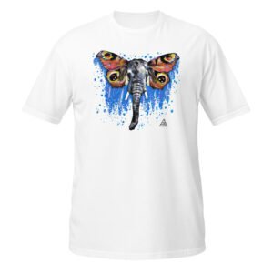 T-shirt branca unisexo com a ilustração 'Elefante-Borboleta' de Fly Pontes. Arte surrealista exclusiva em algodão premium. Produção sustentável e consciente feita para si.