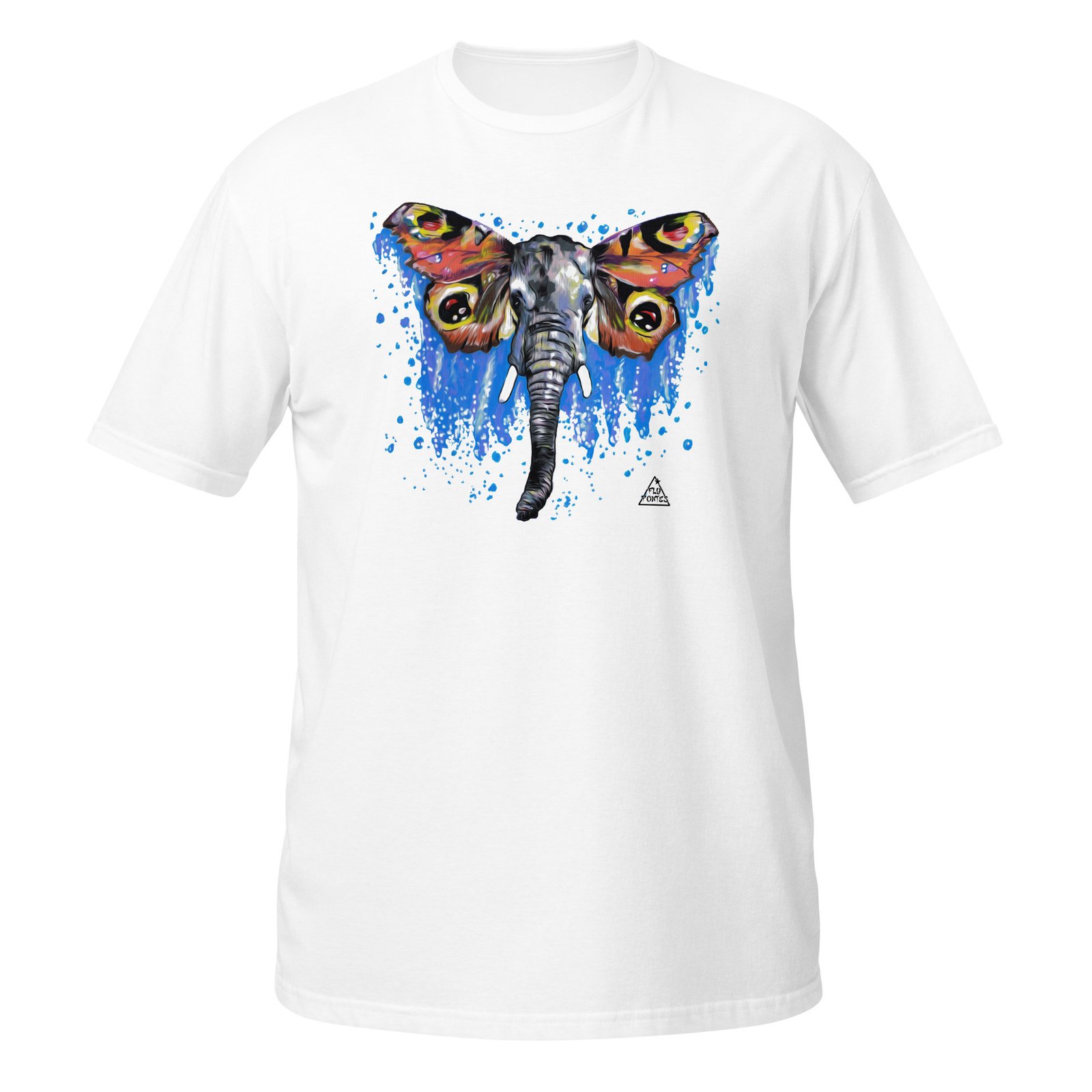T-shirt branca unisexo com a ilustração 'Elefante-Borboleta' de Fly Pontes. Arte surrealista exclusiva em algodão premium. Produção sustentável e consciente feita para si.