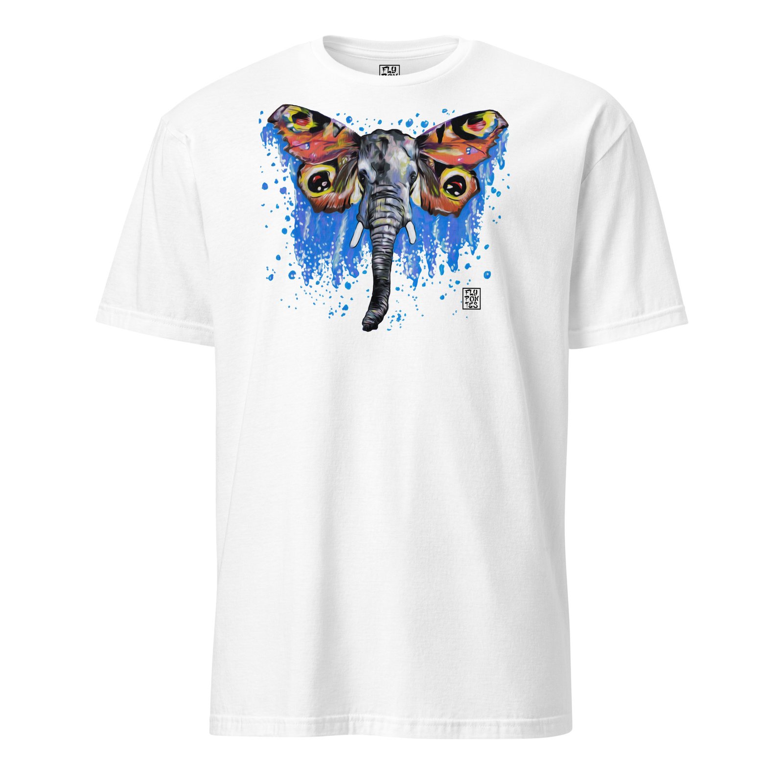 T-shirt branca unisexo com a ilustração 'Elefante-Borboleta' de Fly Pontes. Arte surrealista exclusiva em algodão premium. Produção sustentável e consciente feita para si.