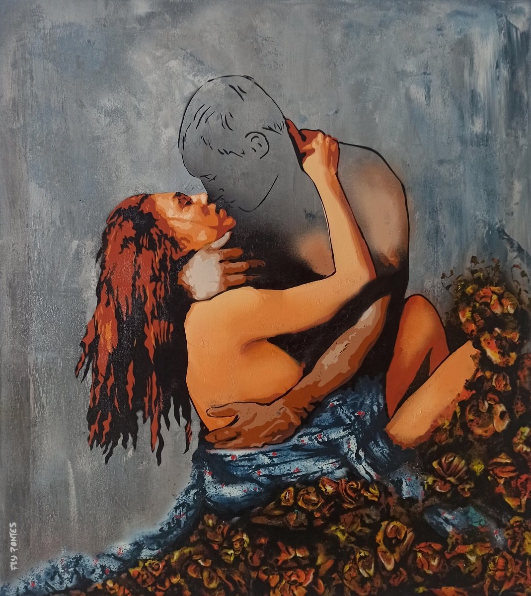 Obra em tela (90x80cm) que simboliza a transferência de vida pelo toque. A mulher tem cor e o homem é transparente (apenas com cor onde é tocado), sobre um fundo cinzento texturado. Técnica mista: Stencil e Spray.