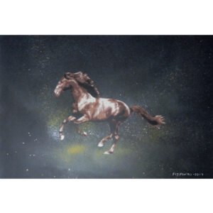 Esta tela (40x50cm) capta o movimento em stencil: um cavalo castanho a galope. Jactos e gotas de tinta amarela e branca, aplicados com a needle cap, saem dos cascos, contrastando com o fundo preto com esfumados brancos e amarelos. Uma peça de arte urbana de grande dinamismo.