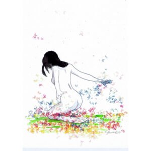 Ilustração a tinta da china e aguarela (300g) que retrata um nu feminino de joelhos, com os braços esticados para trás. As borboletas (violeta/rosa/azul) esvoaçam seguindo o movimento, simbolizando a metamorfose e a libertação.