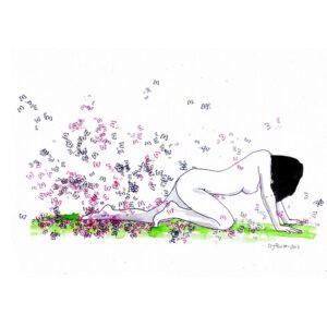Ilustração a tinta da china e aguarela (300g) que retrata um nu feminino em pose de gatas, a caminhar. A figura parece emergir de uma nuvem densa de borboletas (violeta/rosa/azul), simbolizando o despertar ou a metamorfose em movimento.