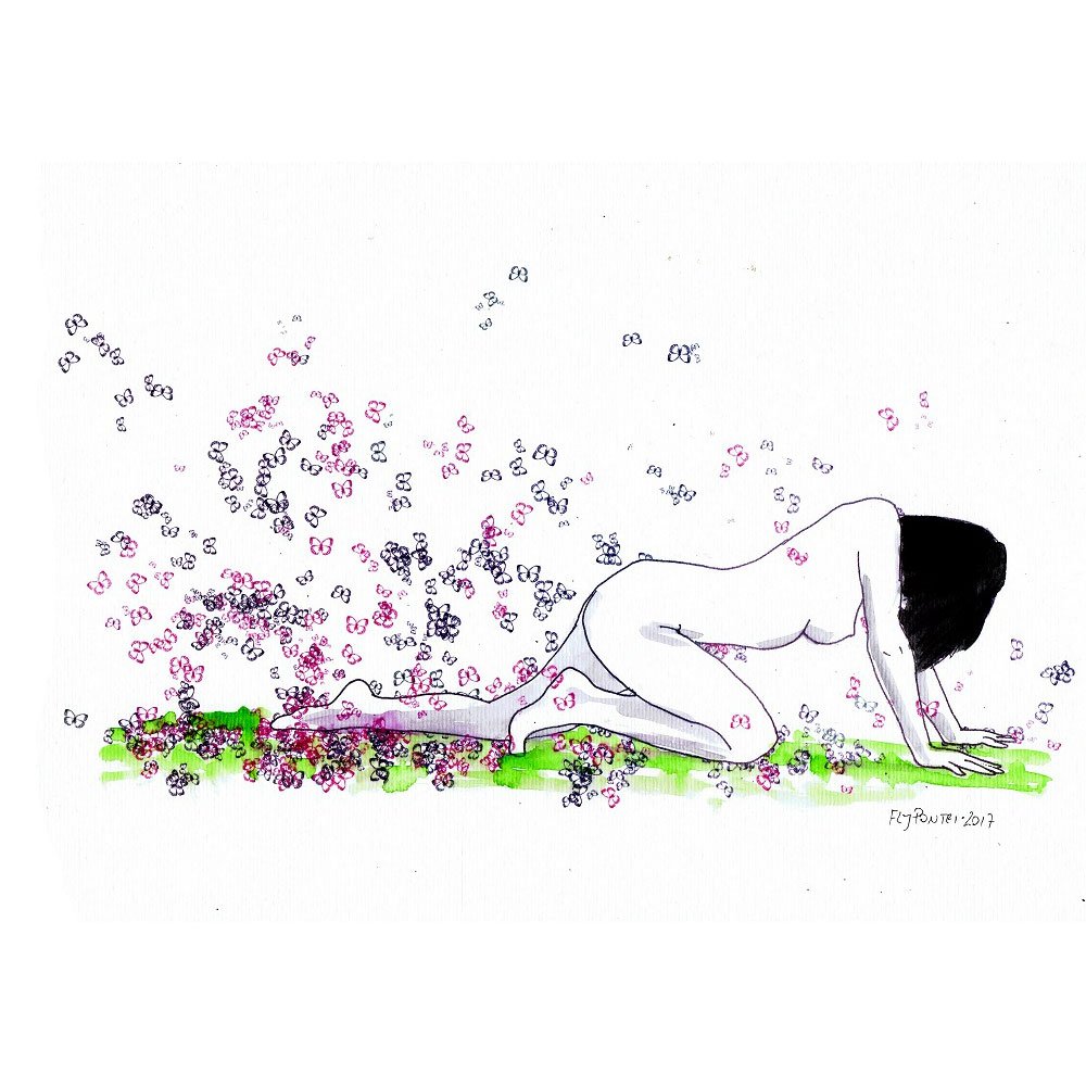 Ilustração a tinta da china e aguarela (300g) que retrata um nu feminino em pose de gatas, a caminhar. A figura parece emergir de uma nuvem densa de borboletas (violeta/rosa/azul), simbolizando o despertar ou a metamorfose em movimento.