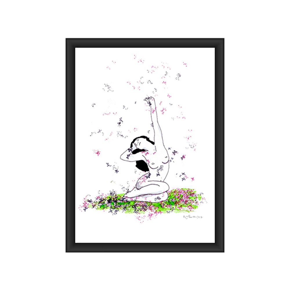 Ilustração a tinta da china e aguarela (300g) que retrata um nu feminino sentado, em pose reflexiva (cabeça apoiada). O movimento do braço esticado para o alto lança borboletas (violeta/rosa/azul), simbolizando o pensamento libertador e a metamorfose.