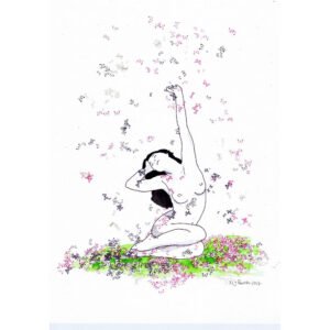 Ilustração a tinta da china e aguarela (300g) que retrata um nu feminino sentado, em pose reflexiva (cabeça apoiada). O movimento do braço esticado para o alto lança borboletas (violeta/rosa/azul), simbolizando o pensamento libertador e a metamorfose.
