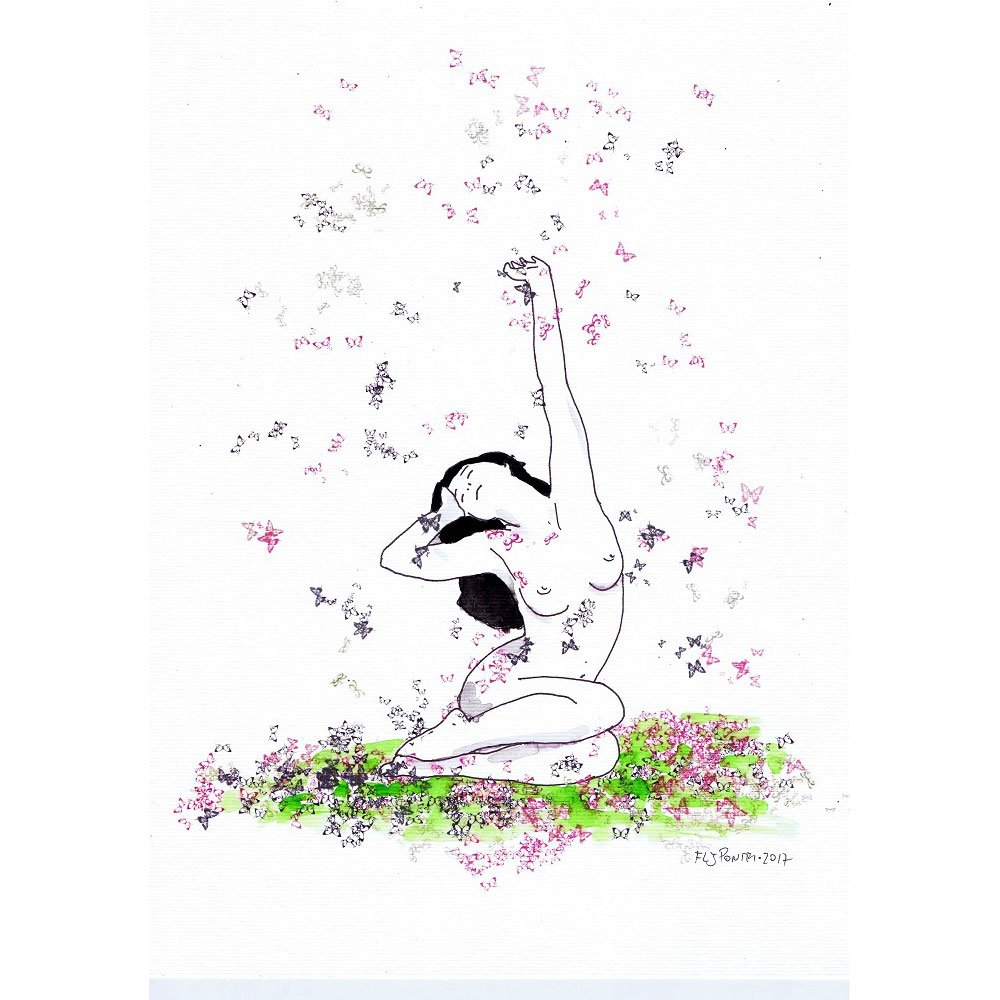 Ilustração a tinta da china e aguarela (300g) que retrata um nu feminino sentado, em pose reflexiva (cabeça apoiada). O movimento do braço esticado para o alto lança borboletas (violeta/rosa/azul), simbolizando o pensamento libertador e a metamorfose.