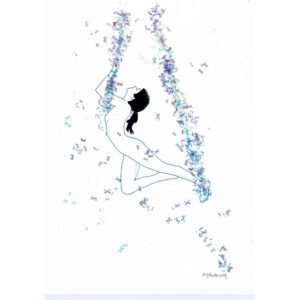 Desenho "Despretensão 4" em tinta da china e aguarela sobre papel Canson. A figura feminina está em pose suspensa, olhando para cima com o queixo esticado. Borboletas (violeta/rosa/azul) formam panos ou faixas que se entrelaçam no pulso e tornozelo da figura, sobre um fundo de papel com leves sombras em aguarela.