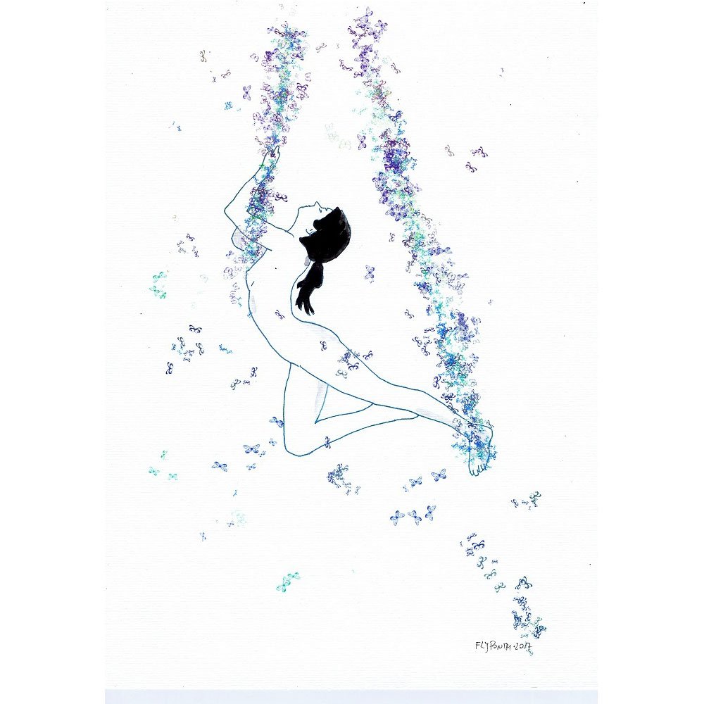 Ilustração a tinta da china e aguarela (300g) que retrata um nu feminino suspenso, segurando-se em panos tecidos por borboletas (violeta/rosa/azul) no pulso e tornozelo. A pose com o queixo esticado simboliza a aspiração e a leveza da metamorfose.