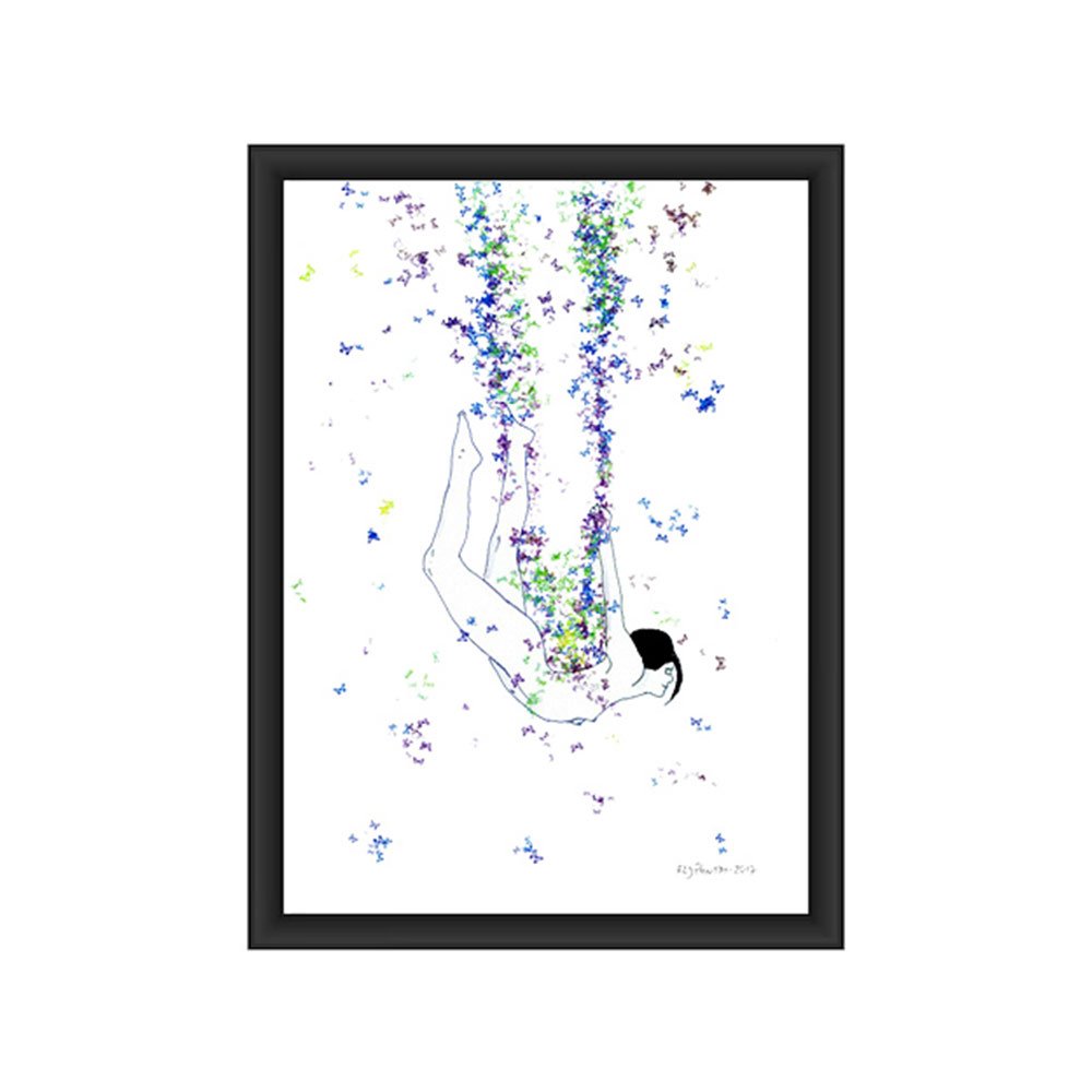 Ilustração a tinta da china e aguarela (300g) que retrata um nu feminino suspenso, pendurado numa corda feita de borboletas (violeta/rosa/azul). As pernas fletidas simbolizam a leveza e a delicadeza do equilíbrio na metamorfose.
