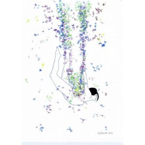 Ilustração a tinta da china e aguarela (300g) que retrata um nu feminino suspenso, pendurado numa corda feita de borboletas (violeta/rosa/azul). As pernas fletidas simbolizam a leveza e a delicadeza do equilíbrio na metamorfose.