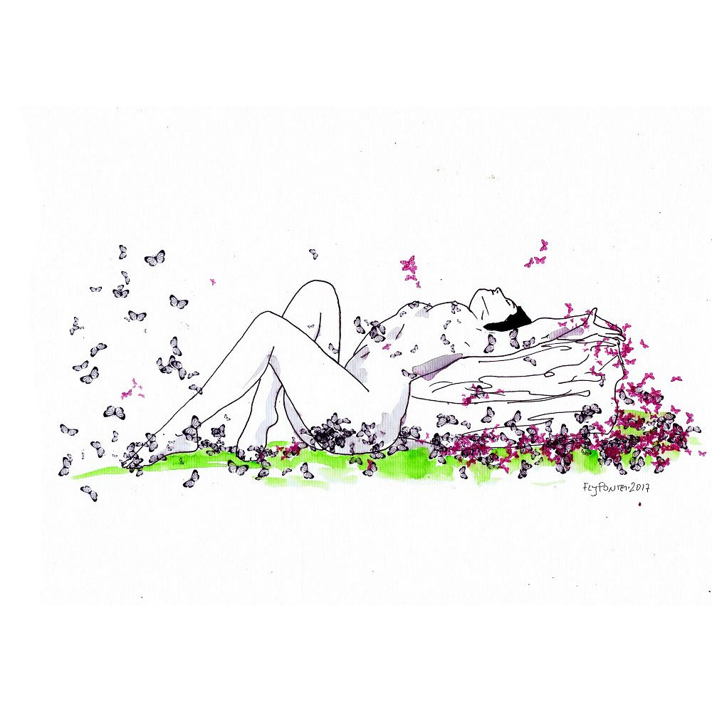Ilustração a tinta da china e aguarela (300g) que retrata um nu feminino deitado, em repouso sobre uma rocha ou almofada. As borboletas (violeta/rosa/azul) esvoaçam à volta e à distância, simbolizando o descanso e a busca pela paz.