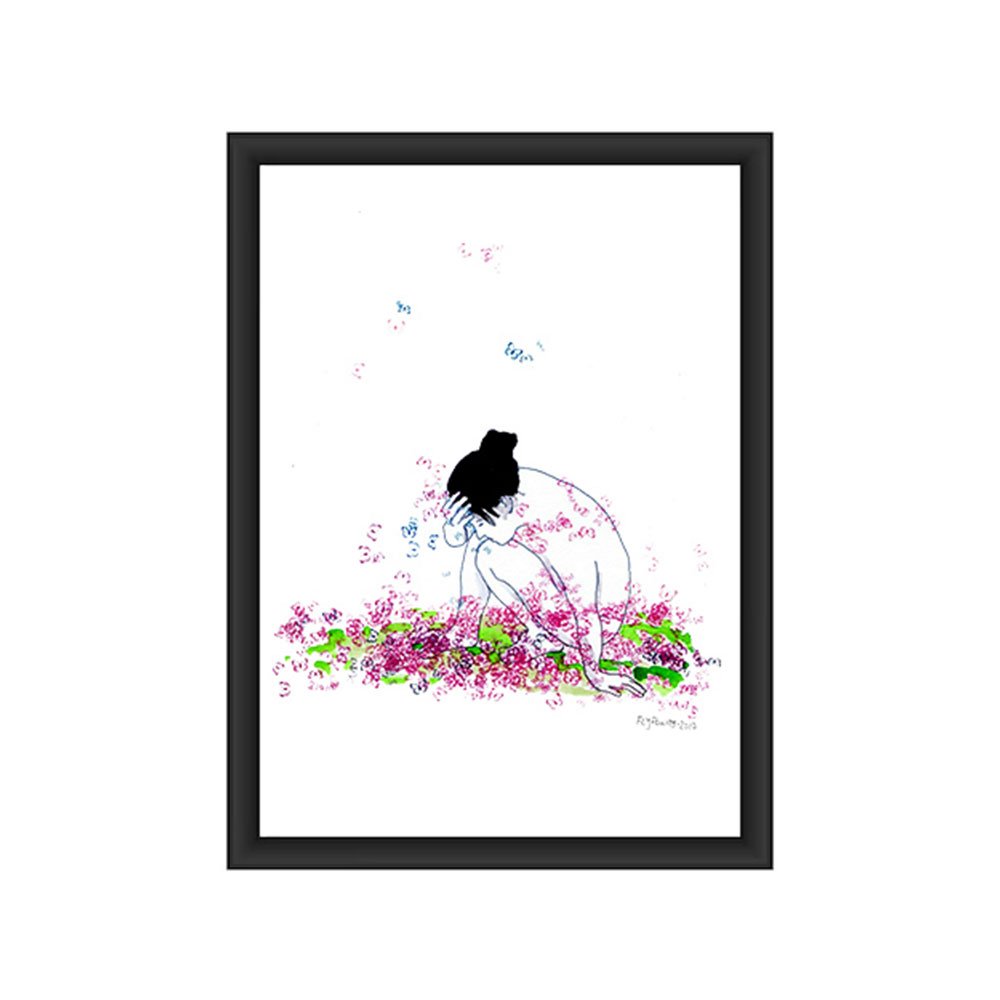 Ilustração a tinta da china e aguarela (300g) que retrata um nu feminino de cócoras, com a mão apoiada na testa. A pose sugere reflexão profunda ou cansaço, enquanto as borboletas (violeta/rosa/azul) esvoaçam à sua volta, simbolizando a metamorfose da introspecção.