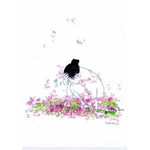 Ilustração a tinta da china e aguarela (300g) que retrata um nu feminino de cócoras, com a mão apoiada na testa. A pose sugere reflexão profunda ou cansaço, enquanto as borboletas (violeta/rosa/azul) esvoaçam à sua volta, simbolizando a metamorfose da introspecção.