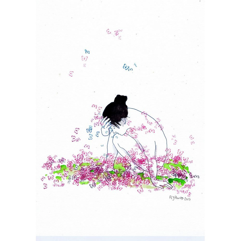 Ilustração a tinta da china e aguarela (300g) que retrata um nu feminino de cócoras, com a mão apoiada na testa. A pose sugere reflexão profunda ou cansaço, enquanto as borboletas (violeta/rosa/azul) esvoaçam à sua volta, simbolizando a metamorfose da introspecção.