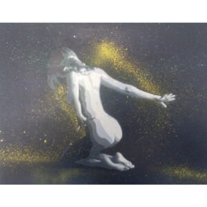 A figura feminina, em pose de joelhos e de costas com os braços esticados para trás. O fundo é preto, com esfumados de luz, de onde emergem jactos e drips de tinta (criados com needle cap) que esvoaçam dinamicamente em torno do corpo, seguindo o alongamento da pose.