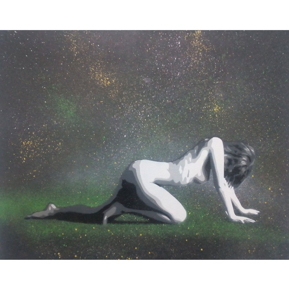 A figura feminina, em pose de gatas e em movimento (a andar), emerge dramaticamente do fundo preto. Jactos e gotas de tinta concentram-se, dando a impressão de que a figura sai de uma nuvem de tinta projectada, com a textura forte e luz esfumada sobre a Tela.