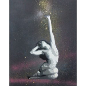 A figura feminina, sentada com as pernas encolhidas. O fundo é preto e iluminado por esfumados de luz. Jactos de tinta são projectados pelo movimento do braço esticado para o alto, realçados pela energia do Spray e Stencil sobre Tela.