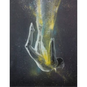 A figura feminina em pose suspensa, pendurada por uma corda feita de jactos e drips de tinta, envolvida por esfumados de cor e luz. A profundidade do fundo preto realça a dinâmica do pigmento de Spray e a pose flectida.
Estado: Indisponível para venda.