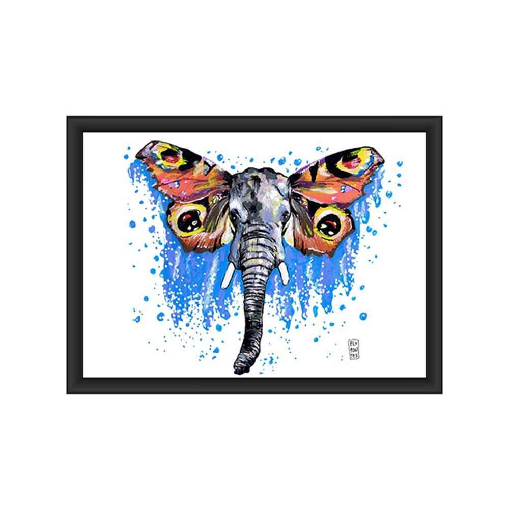 Ilustração (A4) que funde uma cabeça de elefante (em cinza/azul) com asas de Borboleta-Monarca (laranja/amarelo). Parte de um estudo sobre animais e insetos. Desenho em marcadores One4all. Obra não está à venda.