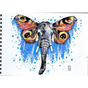 Ilustração (A4) que funde uma cabeça de elefante (em cinza/azul) com asas de Borboleta-Monarca (laranja/amarelo). Parte de um estudo sobre animais e insetos. Desenho em marcadores One4all. Obra não está à venda.