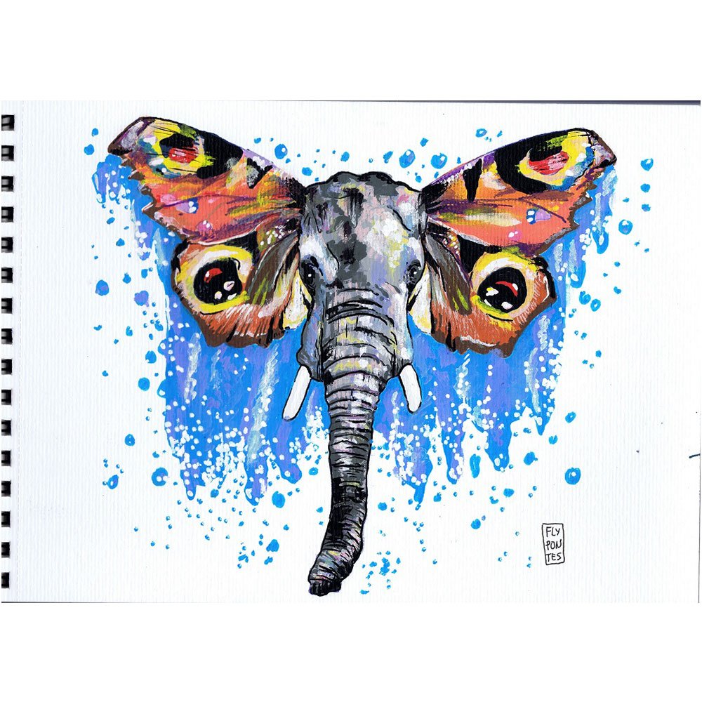 Ilustração (A4) que funde uma cabeça de elefante (em cinza/azul) com asas de Borboleta-Monarca (laranja/amarelo). Parte de um estudo sobre animais e insetos. Desenho em marcadores One4all. Obra não está à venda.