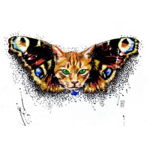 Obra 'Gato-Borboleta' de Fly Pontes. Ilustração A3 em técnica mista que funde o mistério felino com a Borboleta-Pavão. Veja como encomendar a sua ilustração personalizada.