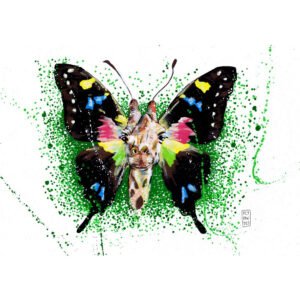 Obra original 'Girafa-Borboleta' de Fly Pontes. Ilustração A3 em papel Canson (300gr) que funde a elegância da girafa com a rara borboleta da Nova Guiné. Arte exótica disponível.