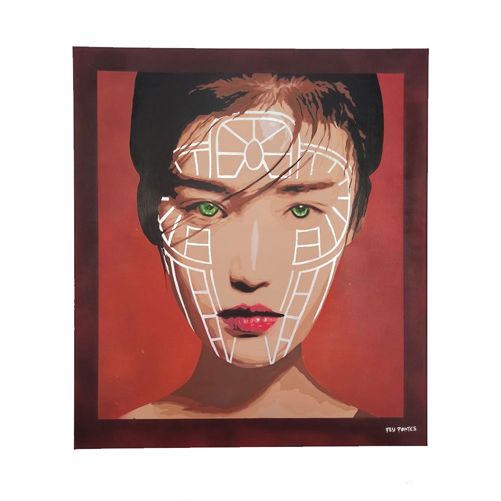 Retrato em stencil e spray de uma Gueisha, estilo realista, com um fundo vermelho escuro e intenso. O rosto da figura é marcado por linhas geométricas pintadas com tinta silver brilhante, que criam uma estética contemporânea e tribal à tela de 90x80cm.