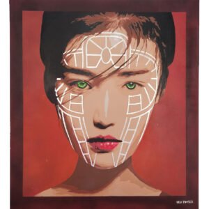Retrato em stencil e spray de uma Gueisha, estilo realista, com um fundo vermelho escuro e intenso. O rosto da figura é marcado por linhas geométricas pintadas com tinta silver brilhante, que criam uma estética contemporânea e tribal à tela de 90x80cm.