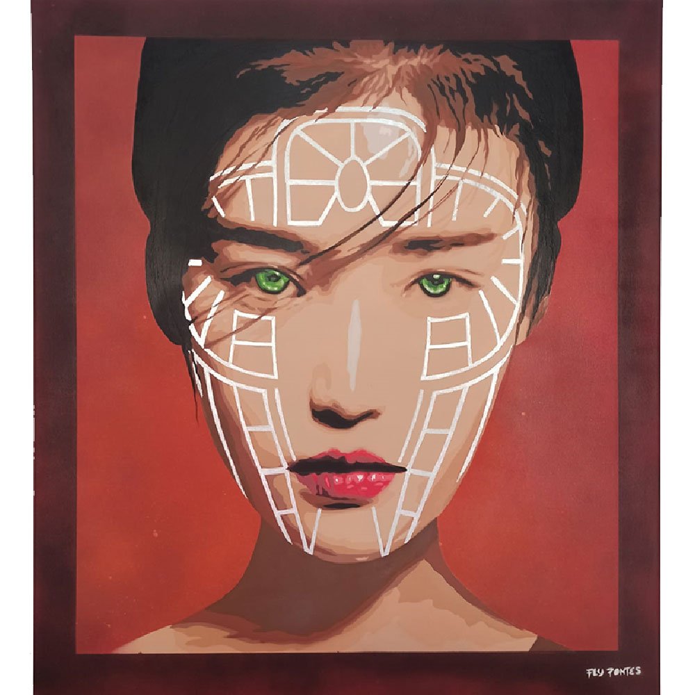 Retrato em stencil e spray de uma Gueisha, estilo realista, com um fundo vermelho escuro e intenso. O rosto da figura é marcado por linhas geométricas pintadas com tinta silver brilhante, que criam uma estética contemporânea e tribal à tela de 90x80cm.