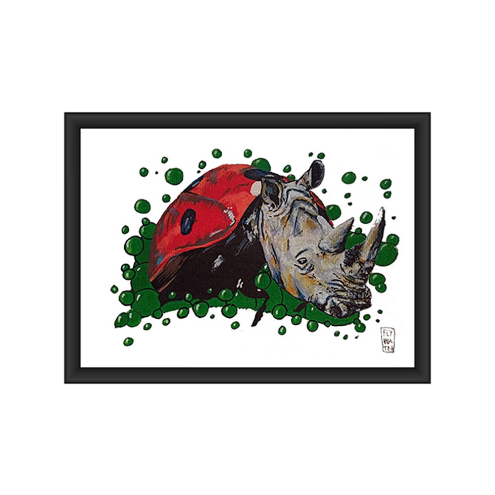 Ilustração A4 da Série "Animais Fantásticos", criada com a precisão dos marcadores Molotow. Uma fusão lúdica e surpreendente: a cabeça poderosa do rinoceronte sobre o corpo delicado e pontuado da joaninha. Peça original de estudo, disponível para aquisição na Loja.