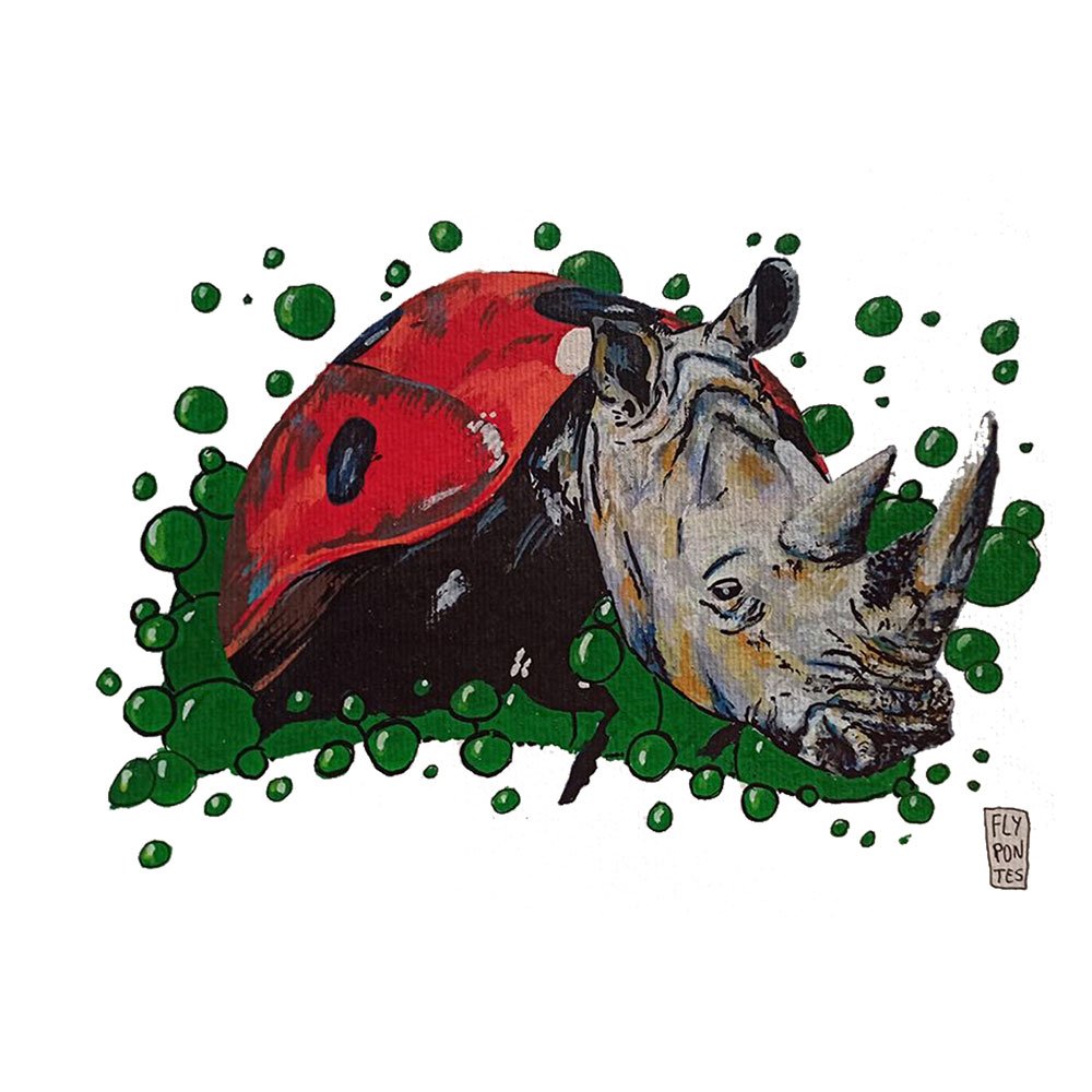 Ilustração A4 da Série "Animais Fantásticos", criada com a precisão dos marcadores Molotow. Uma fusão lúdica e surpreendente: a cabeça poderosa do rinoceronte sobre o corpo delicado e pontuado da joaninha. Peça original de estudo, disponível para aquisição na Loja.