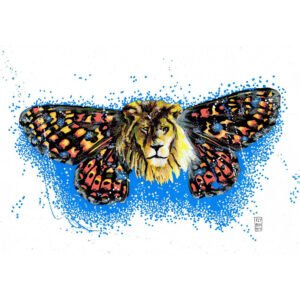 Ilustração original 'Leão-Borboleta' de Fly Pontes. Obra A3 em papel Canson (300gr) com marcadores Molotow. Uma meditação visual sobre a força e a fragilidade da natureza.