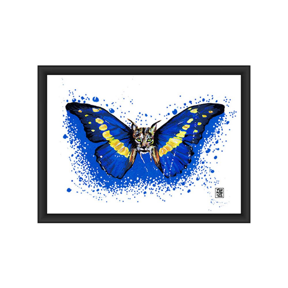 Ilustração original 'Lince-Ibérico Borboleta' de Fly Pontes. Obra A3 em papel Canson com marcadores Molotow. Uma fusão emotiva entre a fauna ibérica e a exótica borboleta Morfo de Helena.