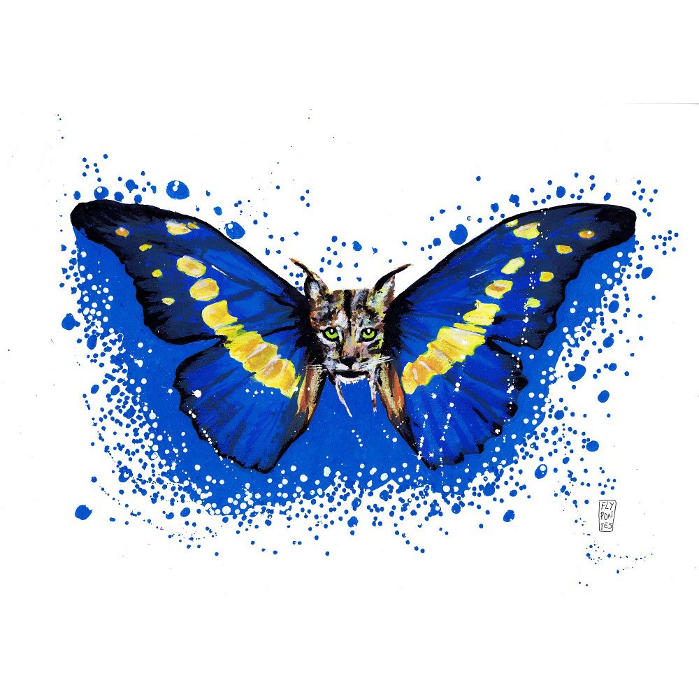 Ilustração original 'Lince-Ibérico Borboleta' de Fly Pontes. Obra A3 em papel Canson com marcadores Molotow. Uma fusão emotiva entre a fauna ibérica e a exótica borboleta Morfo de Helena.