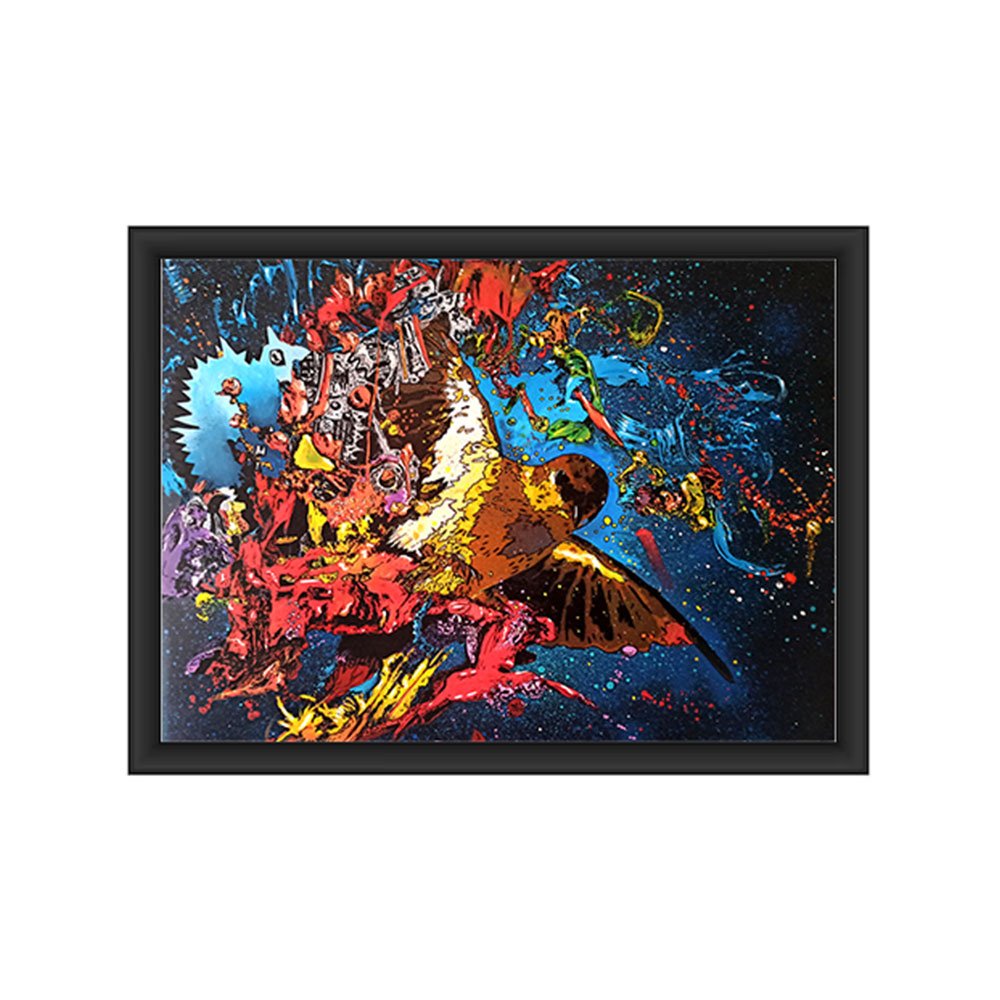 Obra original 'Pássaro com Fundo Abstracto' de Fly Pontes. Técnica mista sobre cartolina (40x50cm) que funde natureza e mecânica num cenário cósmico. Disponível para venda.